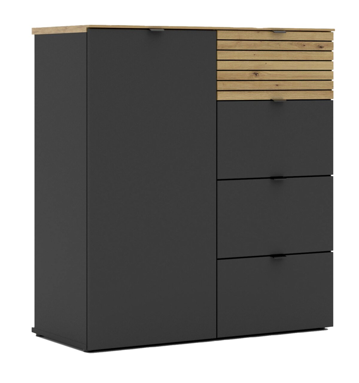 Moderne Kommode in dunklem Grau mit Holzdetails, Frontansicht