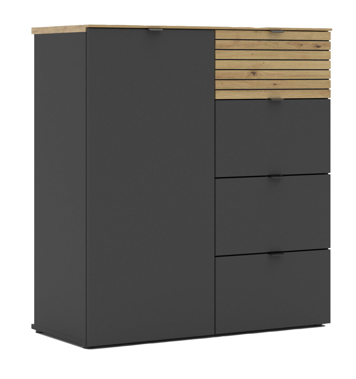 Moderne Kommode in dunklem Grau mit Holzdetails, Frontansicht