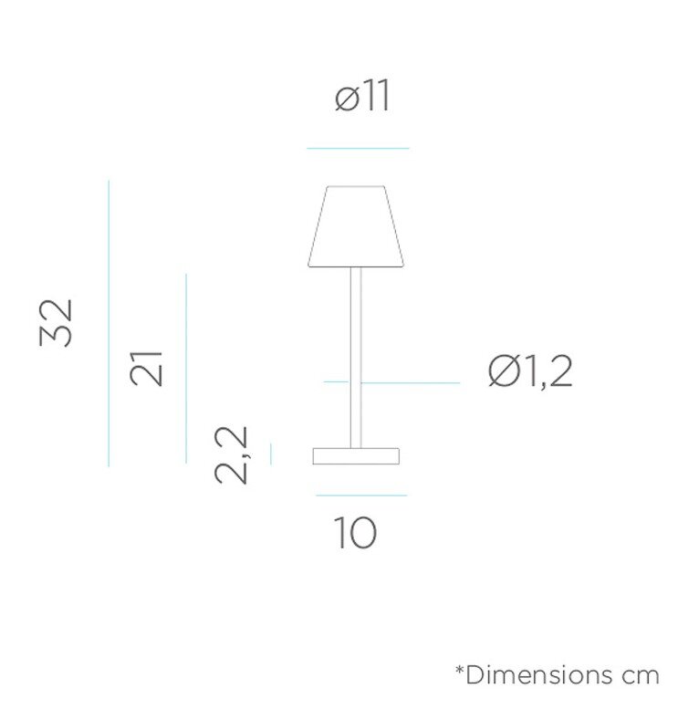 Technische Maßskizze einer Tischleuchte in Frontansicht mit Abmessungen in cm: Höhe 32, Schirmhöhe 21, Fußhöhe 2,2, Schirmdurchmesser Ø11, Stabdurchmesser Ø1,2 und Fußbreite 10.