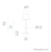 Technische Maßskizze einer Tischleuchte in Frontansicht mit Abmessungen in cm: Höhe 32, Schirmhöhe 21, Fußhöhe 2,2, Schirmdurchmesser Ø11, Stabdurchmesser Ø1,2 und Fußbreite 10.