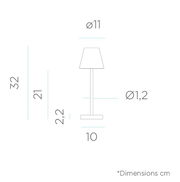 Technische Maßskizze einer Tischleuchte in Frontansicht mit Abmessungen in cm: Höhe 32, Schirmhöhe 21, Fußhöhe 2,2, Schirmdurchmesser Ø11, Stabdurchmesser Ø1,2 und Fußbreite 10.