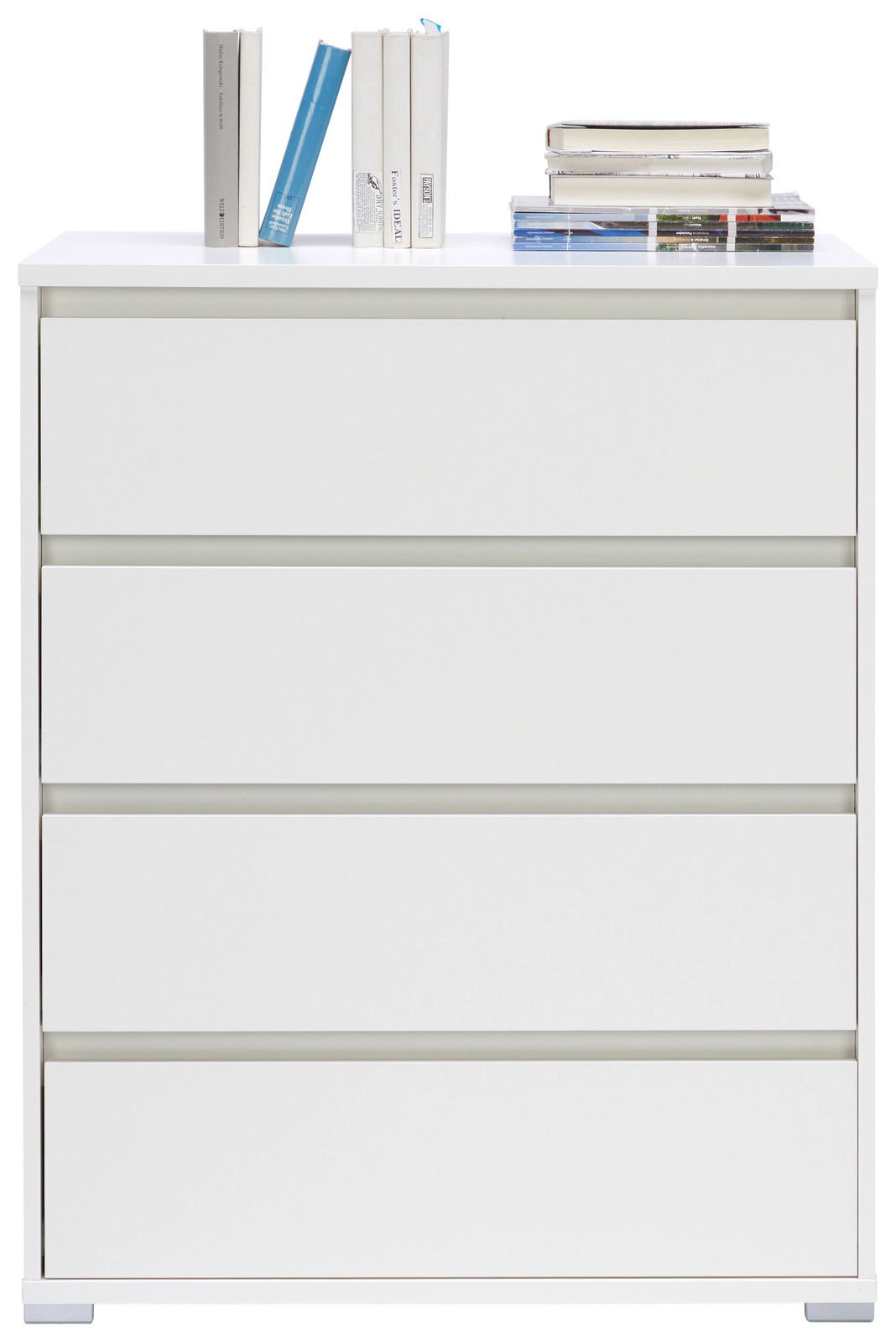 Weiße Hochkommode mit vier Schubladen, frontal fotografiert, mit Büchern und Zeitschriften auf der Oberseite.