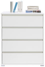 Weiße Hochkommode mit vier Schubladen, frontal fotografiert, mit Büchern und Zeitschriften auf der Oberseite.