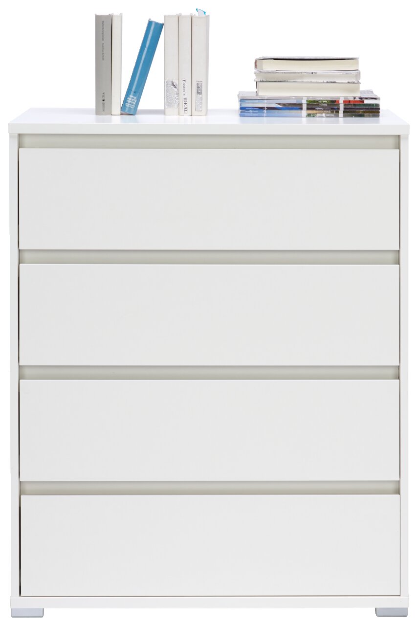 Weiße Hochkommode mit vier Schubladen, frontal fotografiert, mit Büchern und Zeitschriften auf der Oberseite.
