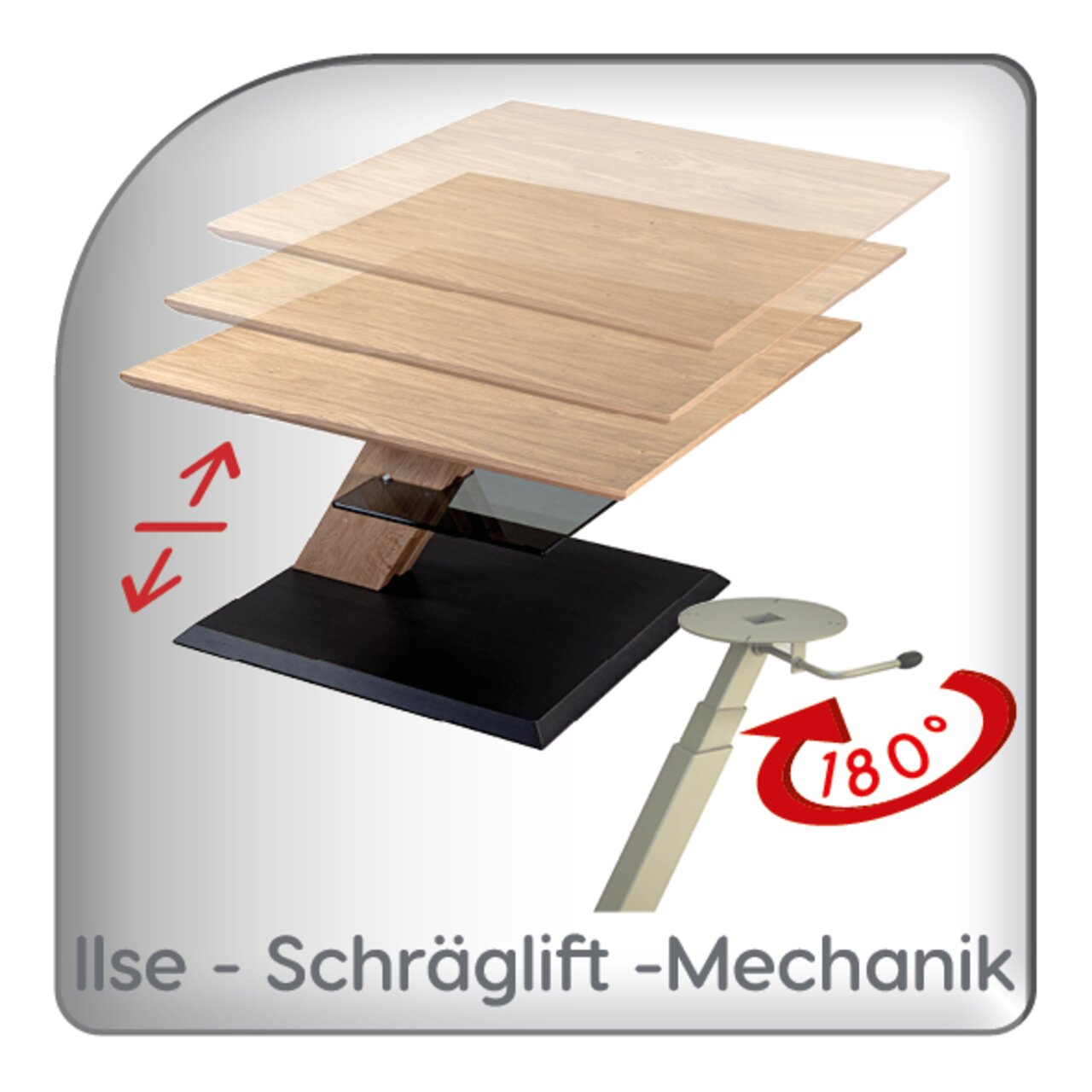 Moderner Couchtisch mit Schräglift-Mechanik, der in der Höhe verstellbar ist und eine 180-Grad-Drehfunktion bietet. Perspektive: seitliche Ansicht.