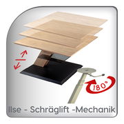 Moderner Couchtisch mit Schräglift-Mechanik, der in der Höhe verstellbar ist und eine 180-Grad-Drehfunktion bietet. Perspektive: seitliche Ansicht.