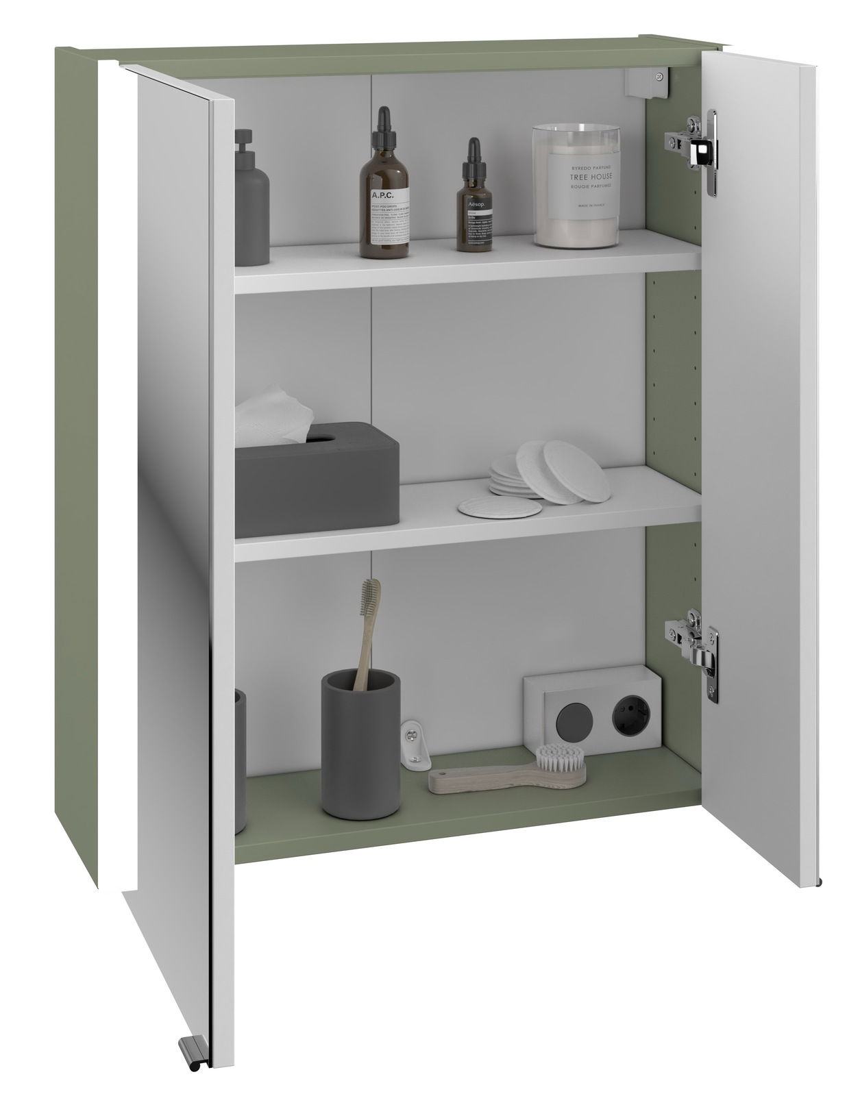 Geöffneter Spiegelschrank mit zwei Türen, grünem Rahmen und drei weißen Regalböden, gefüllt mit Badezimmerartikeln, aus einer leicht seitlichen Perspektive.