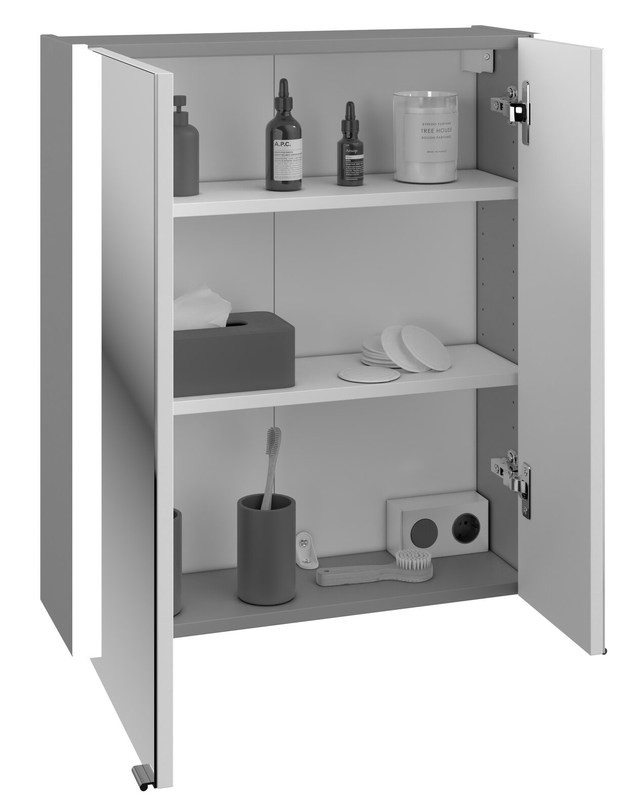 XORA Spiegelschrank ITALLO Geöffneter Spiegelschrank mit zwei Türen, grünem Rahmen und drei weißen Regalböden, gefüllt mit Badezimmerartikeln, aus einer leicht seitlichen Perspektive.