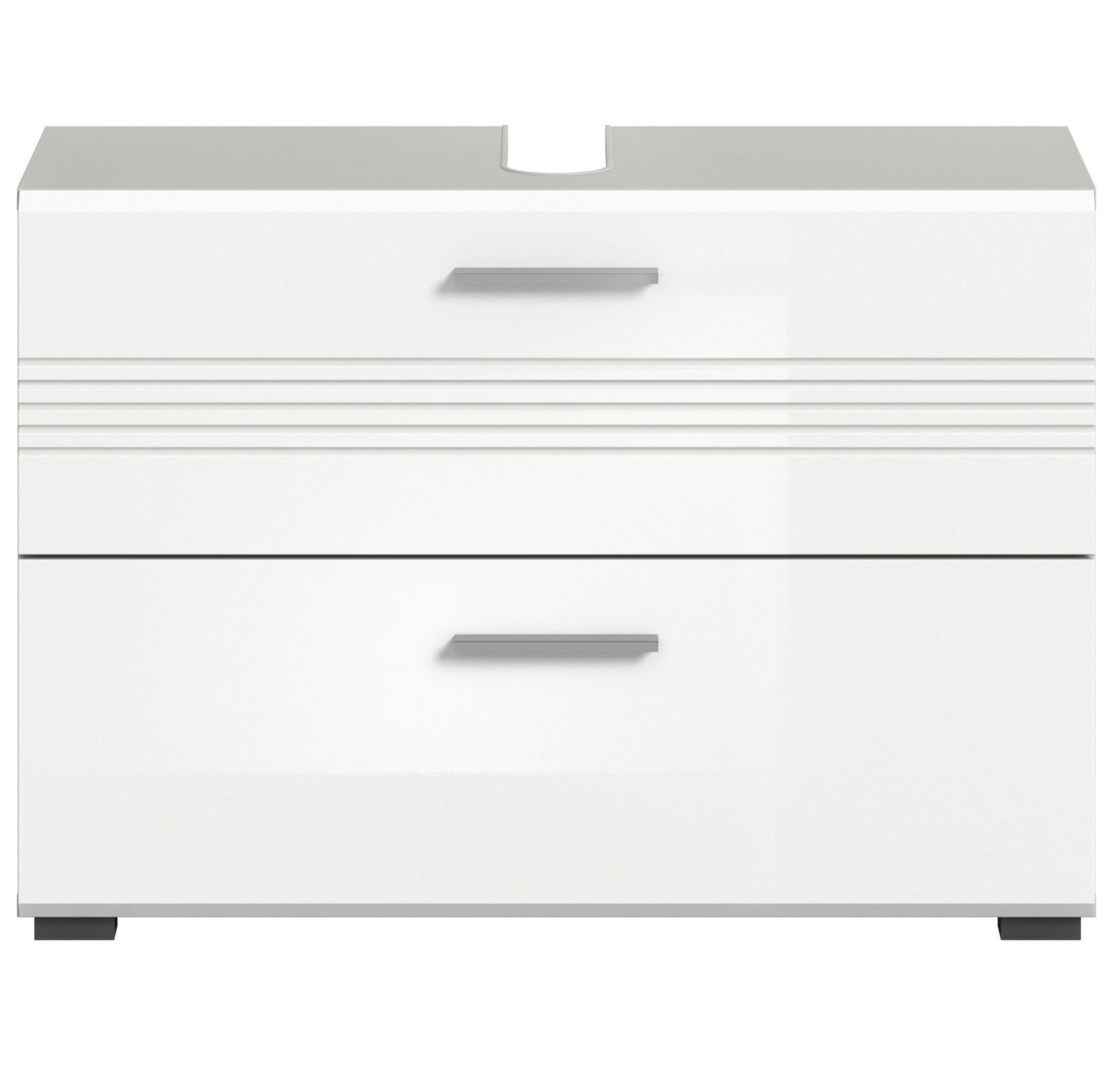 Moderner weißer Waschbeckenunterschrank mit zwei Schubladen, Frontansicht