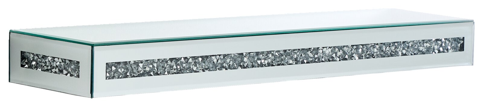 XORA Wandplank BENNY Modernes Wandboard mit Glasoberfläche und dekorativem Streifen aus glitzernden Elementen, seitliche Perspektive