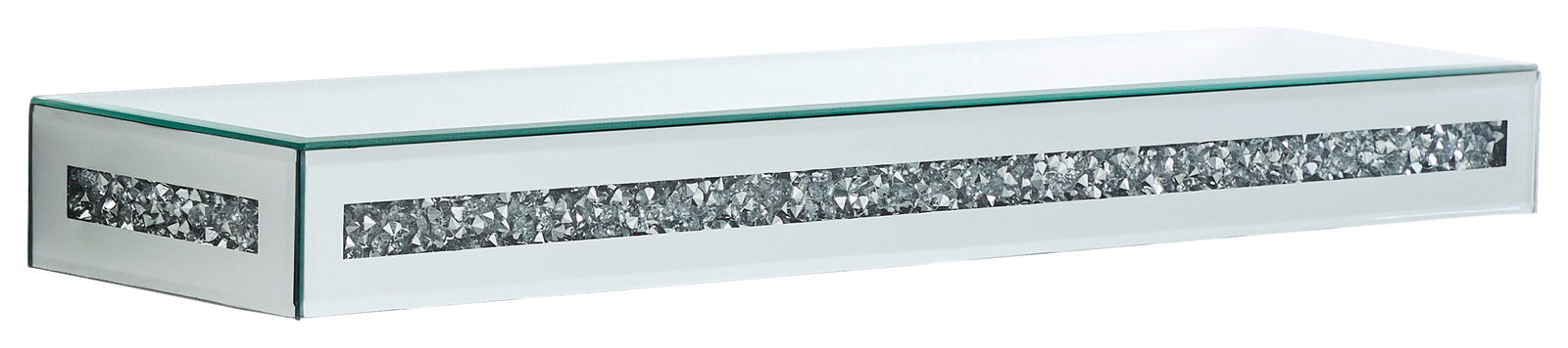 Modernes Wandboard mit Glasoberfläche und dekorativem Streifen aus glitzernden Elementen, seitliche Perspektive