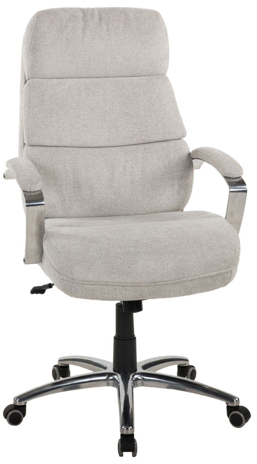 Bequemer Chefsessel in hellgrauem Stoff mit verstellbaren Armlehnen und stabiler Metallbasis, Vorderansicht