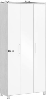 XL-Dielenschrank in Weiß mit drei Türen, seitliche Perspektive, Maße: 193 cm hoch, 90 cm breit, 37 cm tief