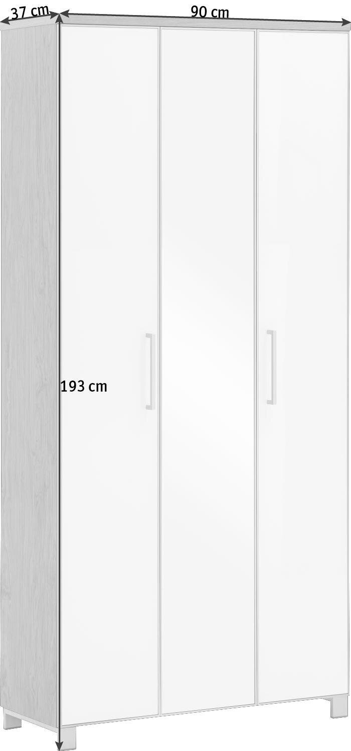 XL-Dielenschrank in Weiß mit drei Türen, seitliche Perspektive, Maße: 193 cm hoch, 90 cm breit, 37 cm tief