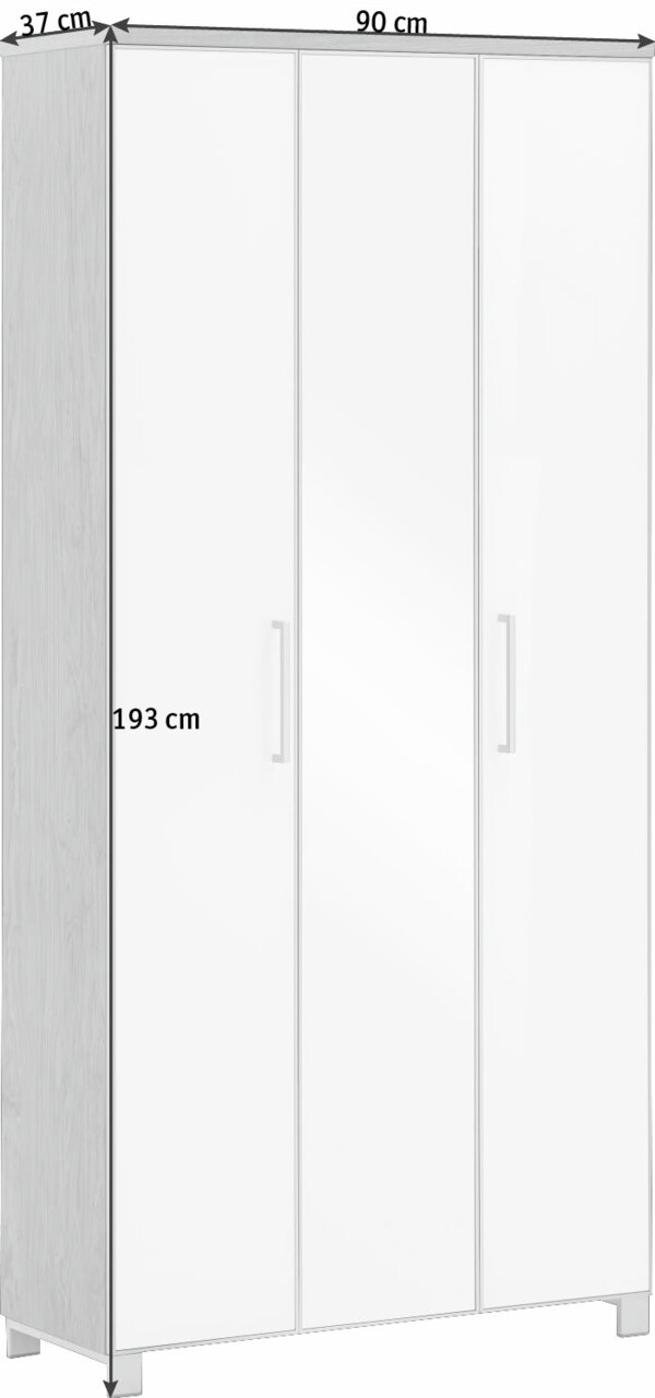 XL-Dielenschrank in Weiß mit drei Türen, seitliche Perspektive, Maße: 193 cm hoch, 90 cm breit, 37 cm tief