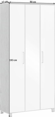 XL-Dielenschrank in Weiß mit drei Türen, seitliche Perspektive, Maße: 193 cm hoch, 90 cm breit, 37 cm tief