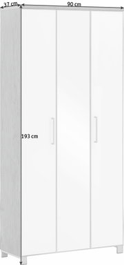 XL-Dielenschrank in Weiß mit drei Türen, seitliche Perspektive, Maße: 193 cm hoch, 90 cm breit, 37 cm tief