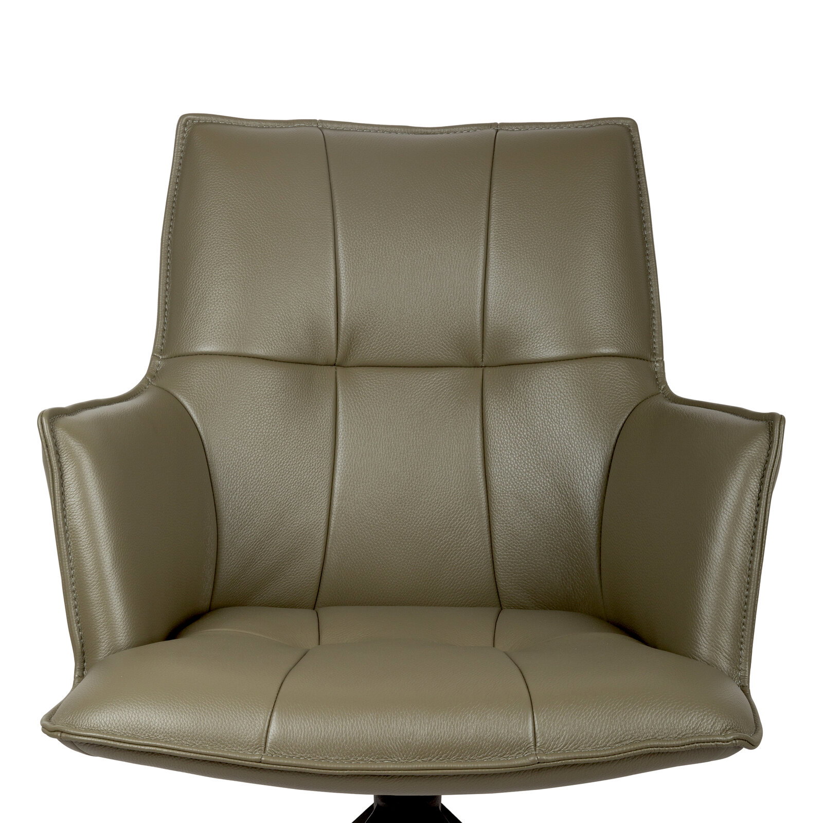 Novel Sessel OSAKA 5.0 Olivgrüner, gepolsterter Leder-Loungesessel mit Armlehnen und Steppnähten, frontal von vorne auf weißem Hintergrund fotografiert