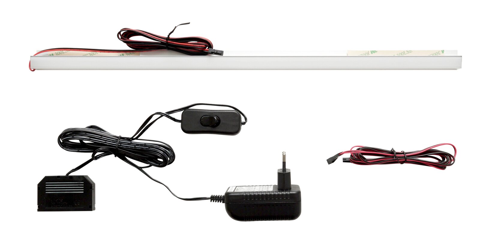 Stylife LED-achtergrondverlichting ESTEPONA LED-lichtstrip met melkachtige diffuser en aansluitkabel, inclusief voeding en inline-schakelaar, vooraanzicht op witte achtergrond