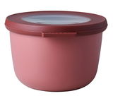 Runde, rosafarbene Multischüssel mit transparentem Deckel, seitliche Perspektive