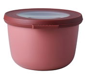 Runde, rosafarbene Multischüssel mit transparentem Deckel, seitliche Perspektive
