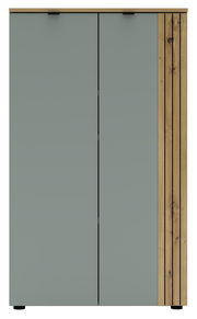 Moderner Büroschrank mit grauen Türen und Holzakzenten, Frontalansicht