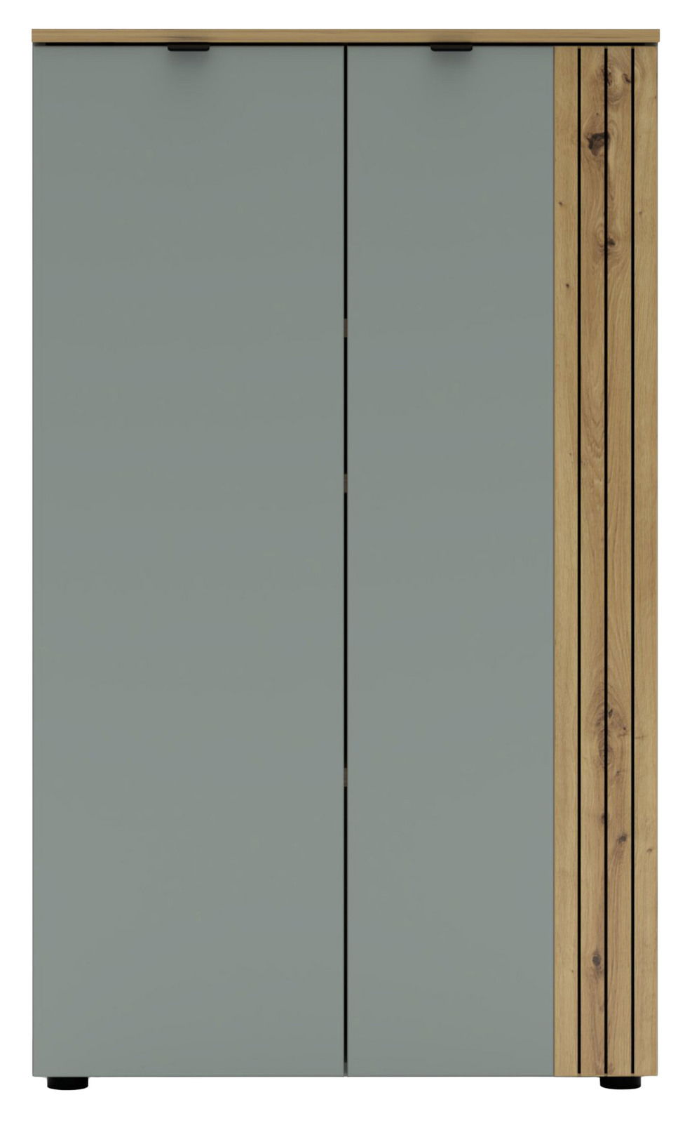 Moderner Büroschrank mit grauen Türen und Holzakzenten, Frontalansicht
