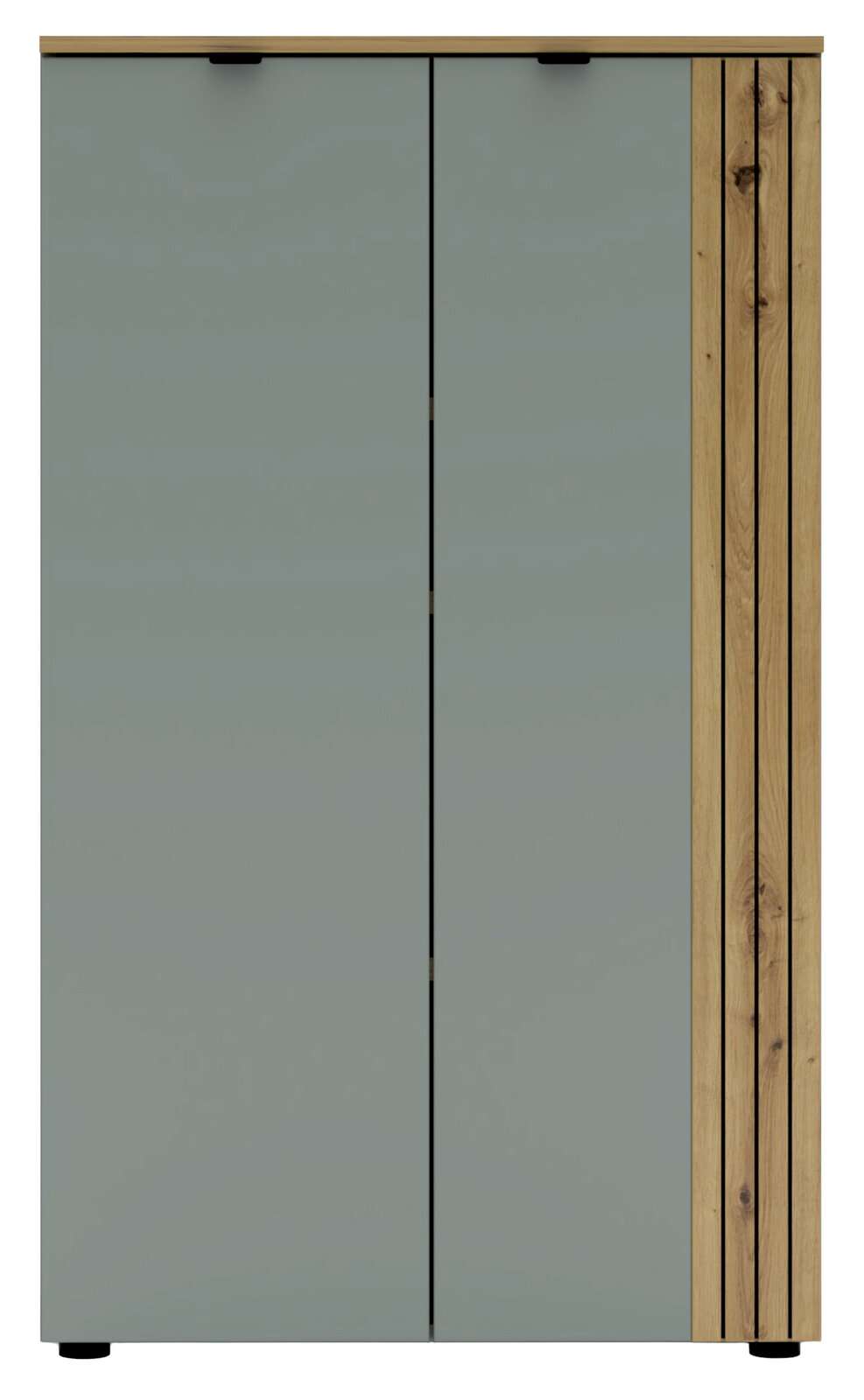 Moderner Büroschrank mit grauen Türen und Holzakzenten, Frontalansicht