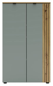 Moderner Büroschrank mit grauen Türen und Holzakzenten, Frontalansicht