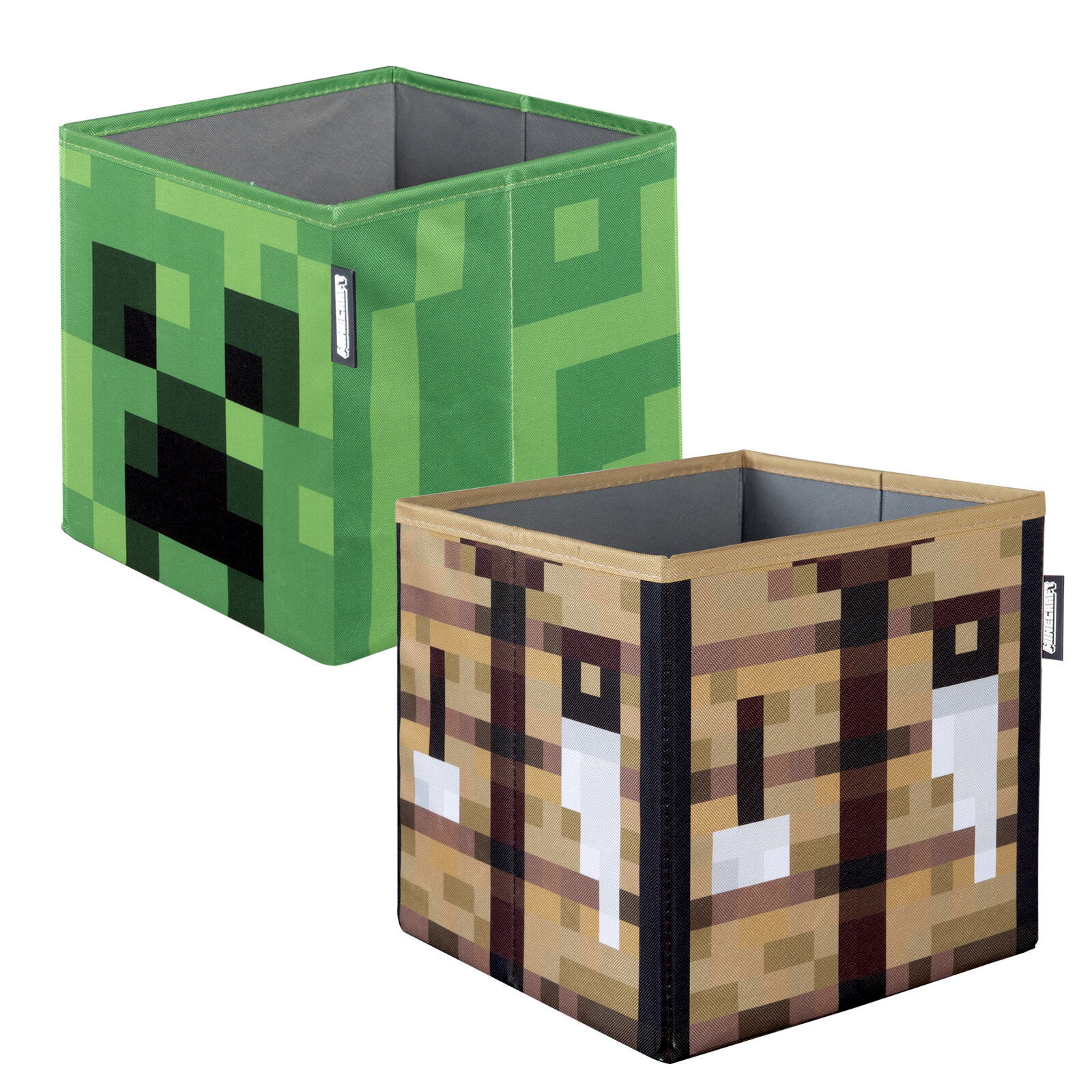 Zwei quadratische Aufbewahrungsboxen im Minecraft-Design (grüner Creeper und brauner Block), offen und aus schräger Vorderansicht auf weißem Hintergrund