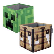 Zwei quadratische Aufbewahrungsboxen im Minecraft-Design (grüner Creeper und brauner Block), offen und aus schräger Vorderansicht auf weißem Hintergrund