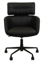 Schwarzer Drehstuhl mit gepolsterter Rückenlehne und Sitzfläche, Vorderansicht