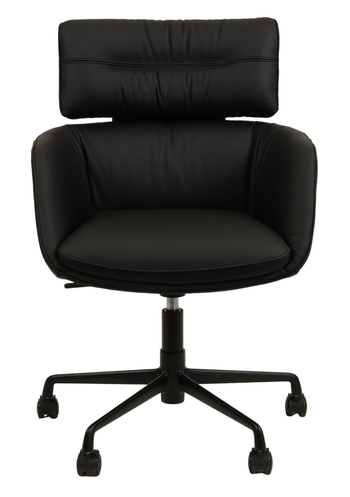 Schwarzer Drehstuhl mit gepolsterter Rückenlehne und Sitzfläche, Vorderansicht