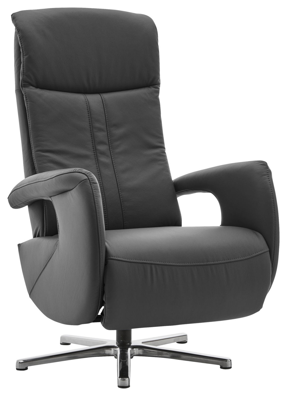 Moderner Relaxsessel in dunklem Leder mit verstellbarer Rückenlehne und Armlehnen, seitliche Perspektive