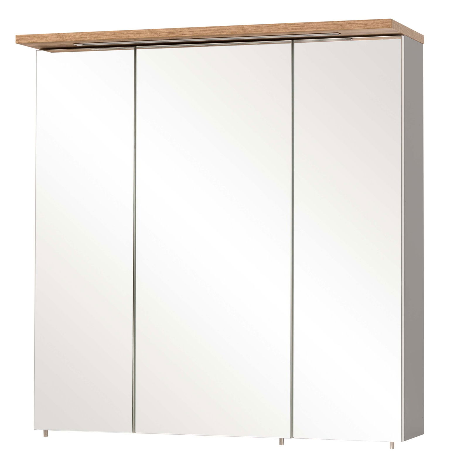 Moderner Spiegelschrank mit drei Türen und Holzleiste, Frontalansicht