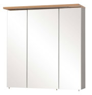 Moderner Spiegelschrank mit drei Türen und Holzleiste, Frontalansicht