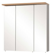 Moderner Spiegelschrank mit drei Türen und Holzleiste, Frontalansicht