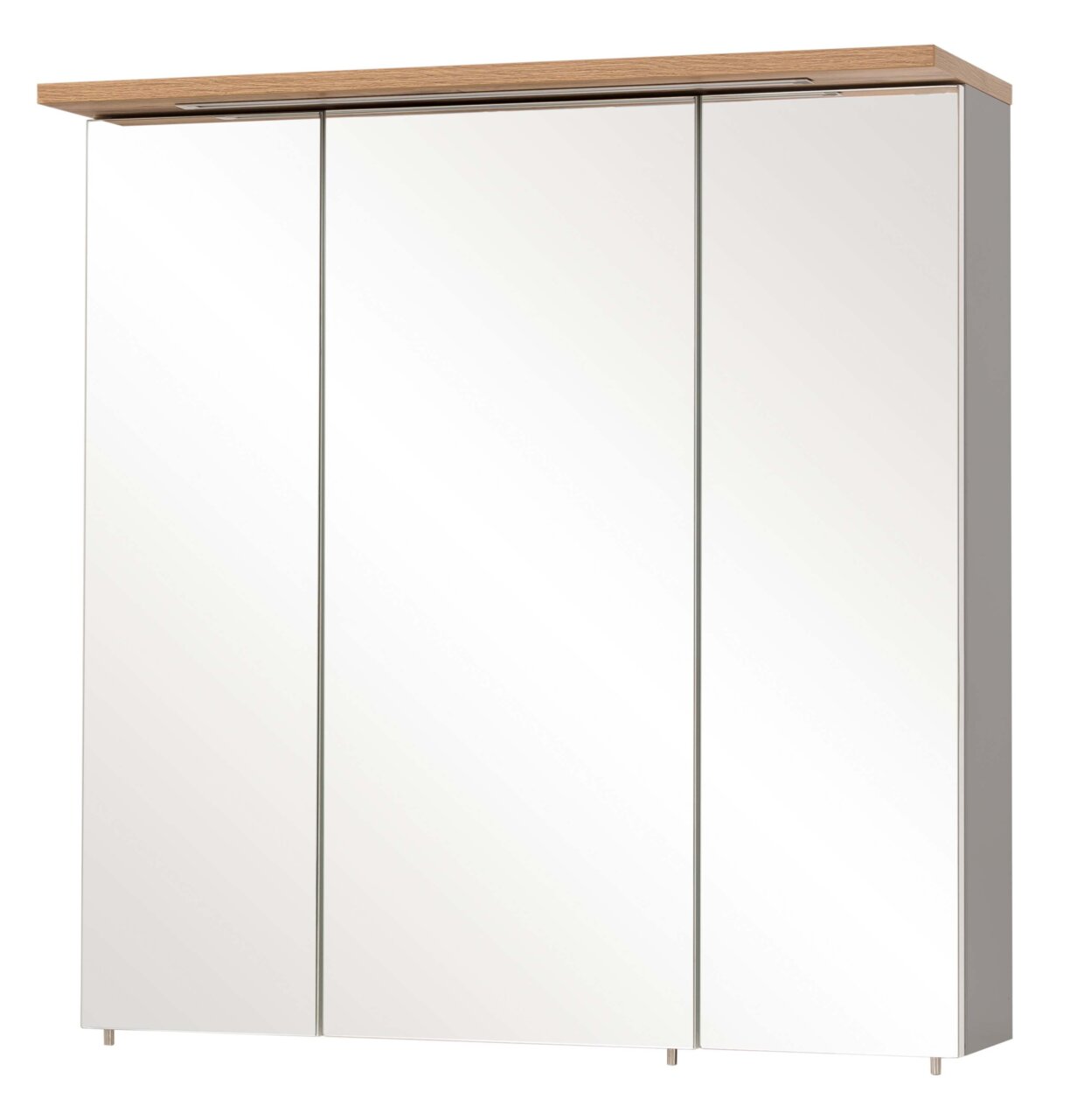 Moderner Spiegelschrank mit drei Türen und Holzleiste, Frontalansicht