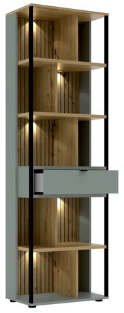 Modernes Büroregal mit Holzoptik und integrierter Beleuchtung, seitliche Perspektive