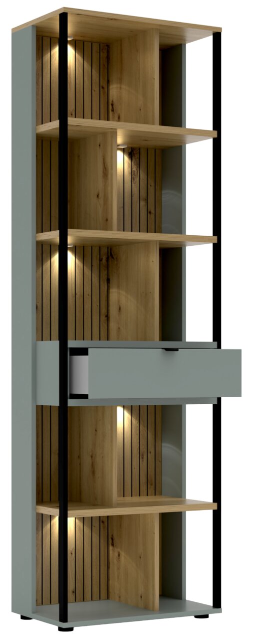 Modernes Büroregal mit Holzoptik und integrierter Beleuchtung, seitliche Perspektive
