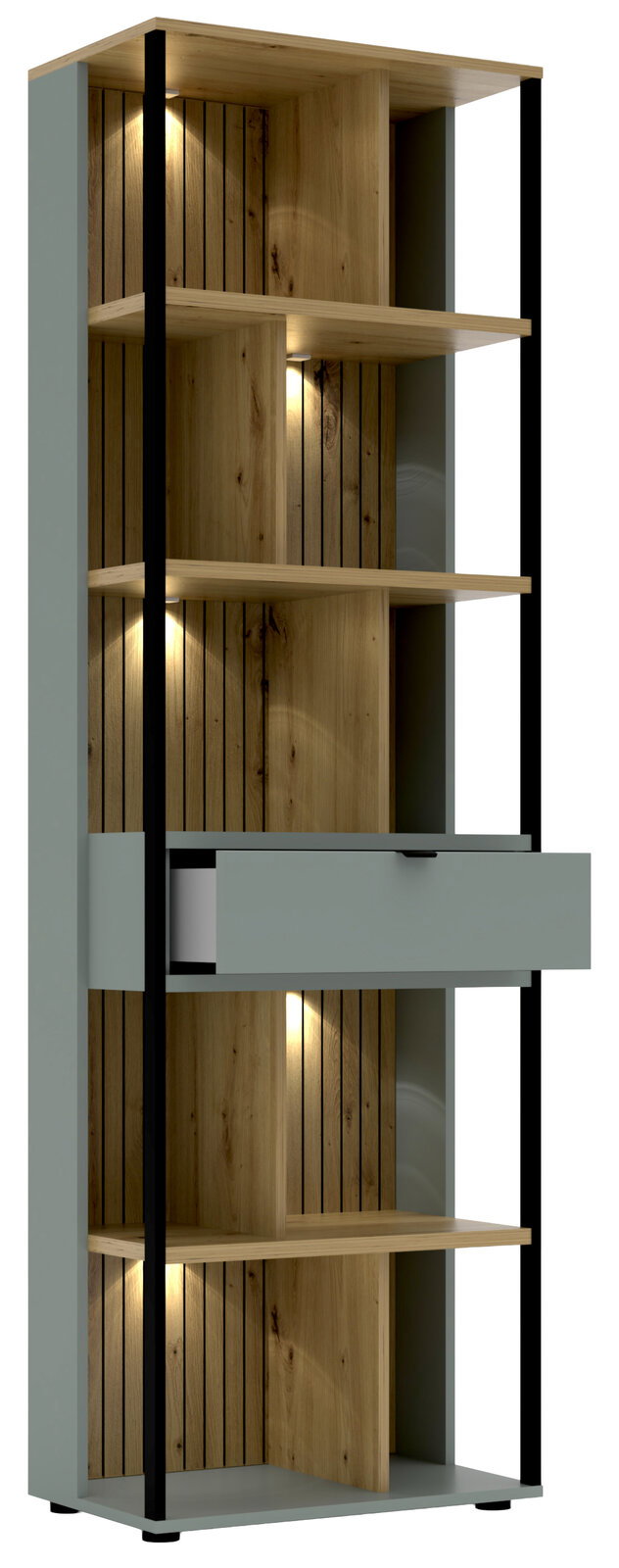Modernes Büroregal mit Holzoptik und integrierter Beleuchtung, seitliche Perspektive