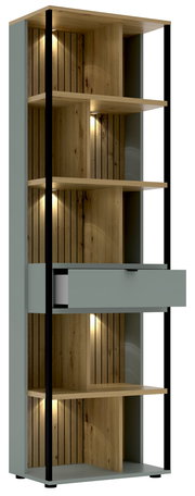Modernes Büroregal mit Holzoptik und integrierter Beleuchtung, seitliche Perspektive