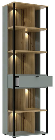 Modernes Büroregal mit Holzoptik und integrierter Beleuchtung, seitliche Perspektive