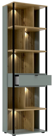 Moderne kantoorkast met houtlook en ingebouwde verlichting, zijaanzicht
