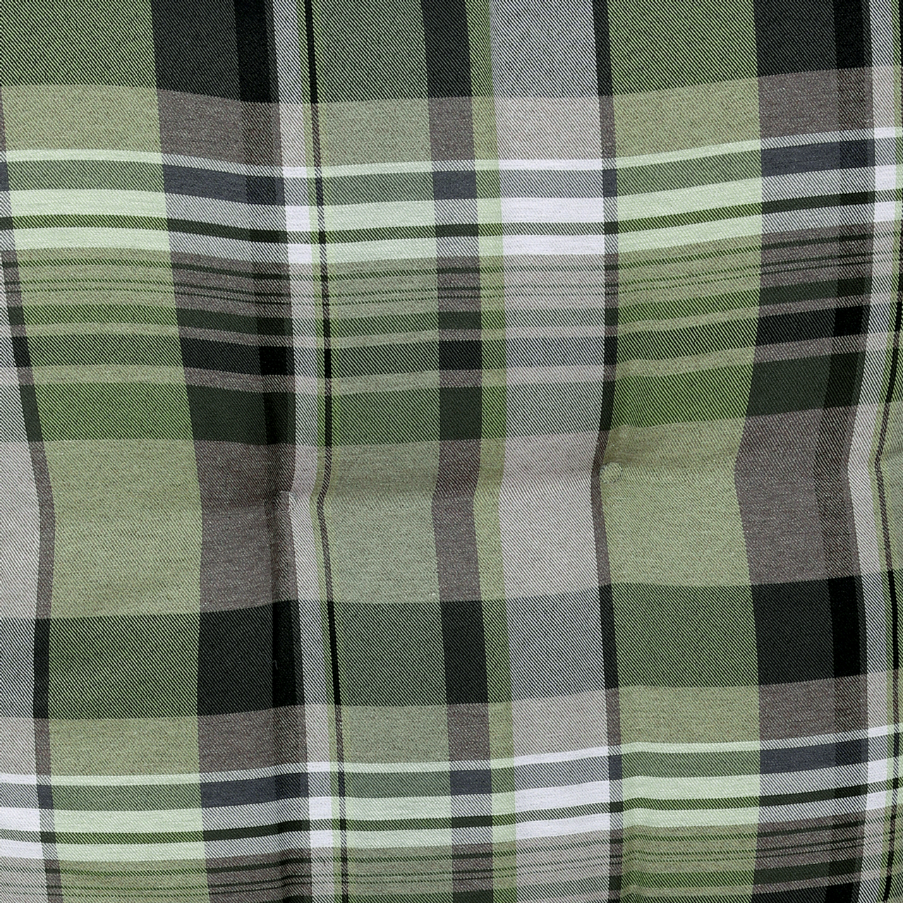 Nahaufnahme einer Sesselauflage mit grünem, grauem und schwarzem Karomuster.