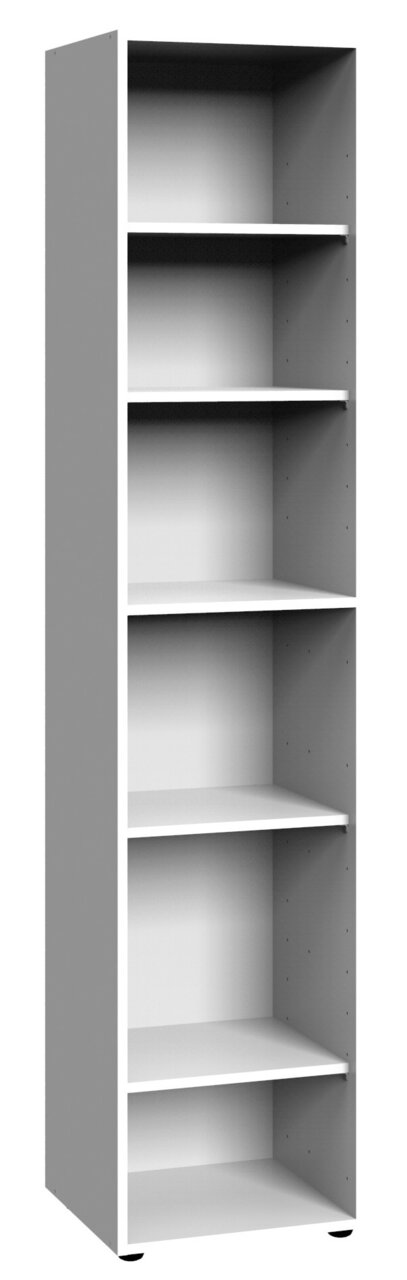 Hohes Eckregal mit fünf offenen Regalböden, perspektivisch von vorne links betrachtet.