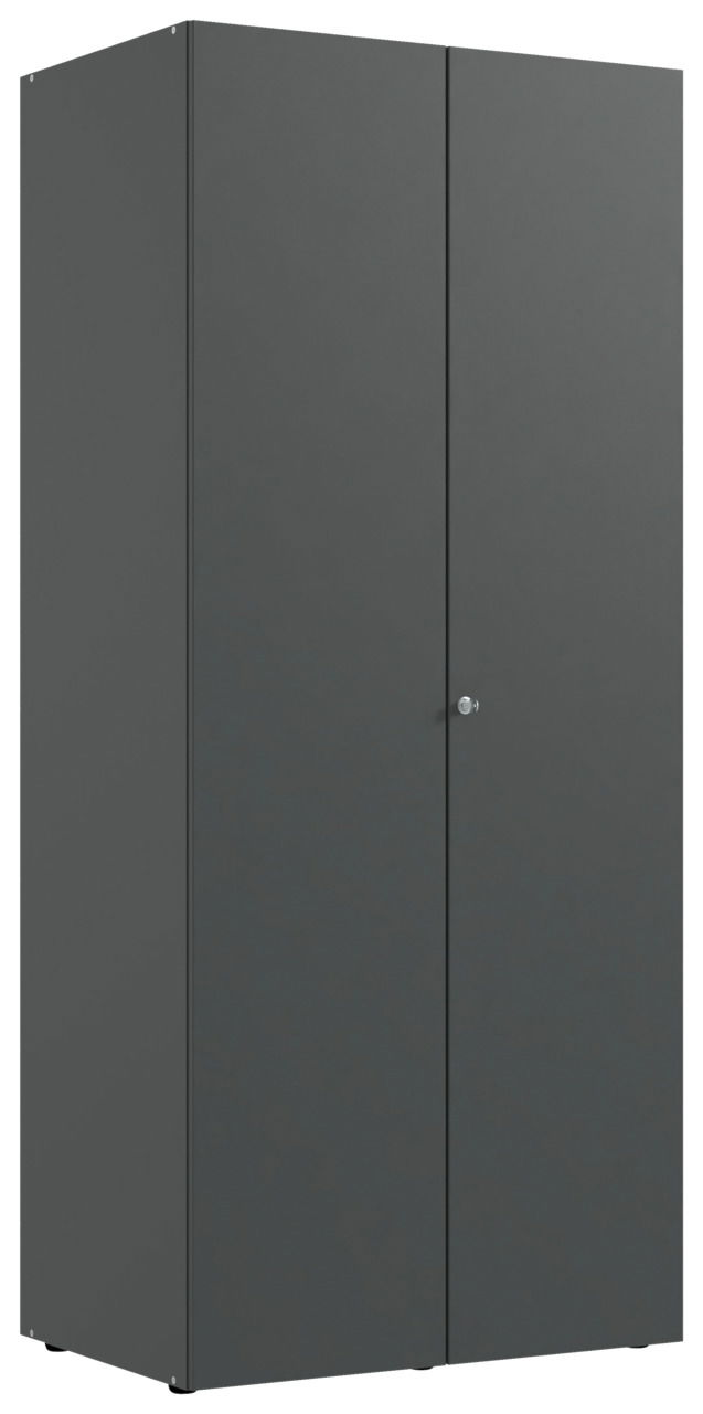 Moderner grauer Kleiderschrank mit Schloss, Vorderansicht