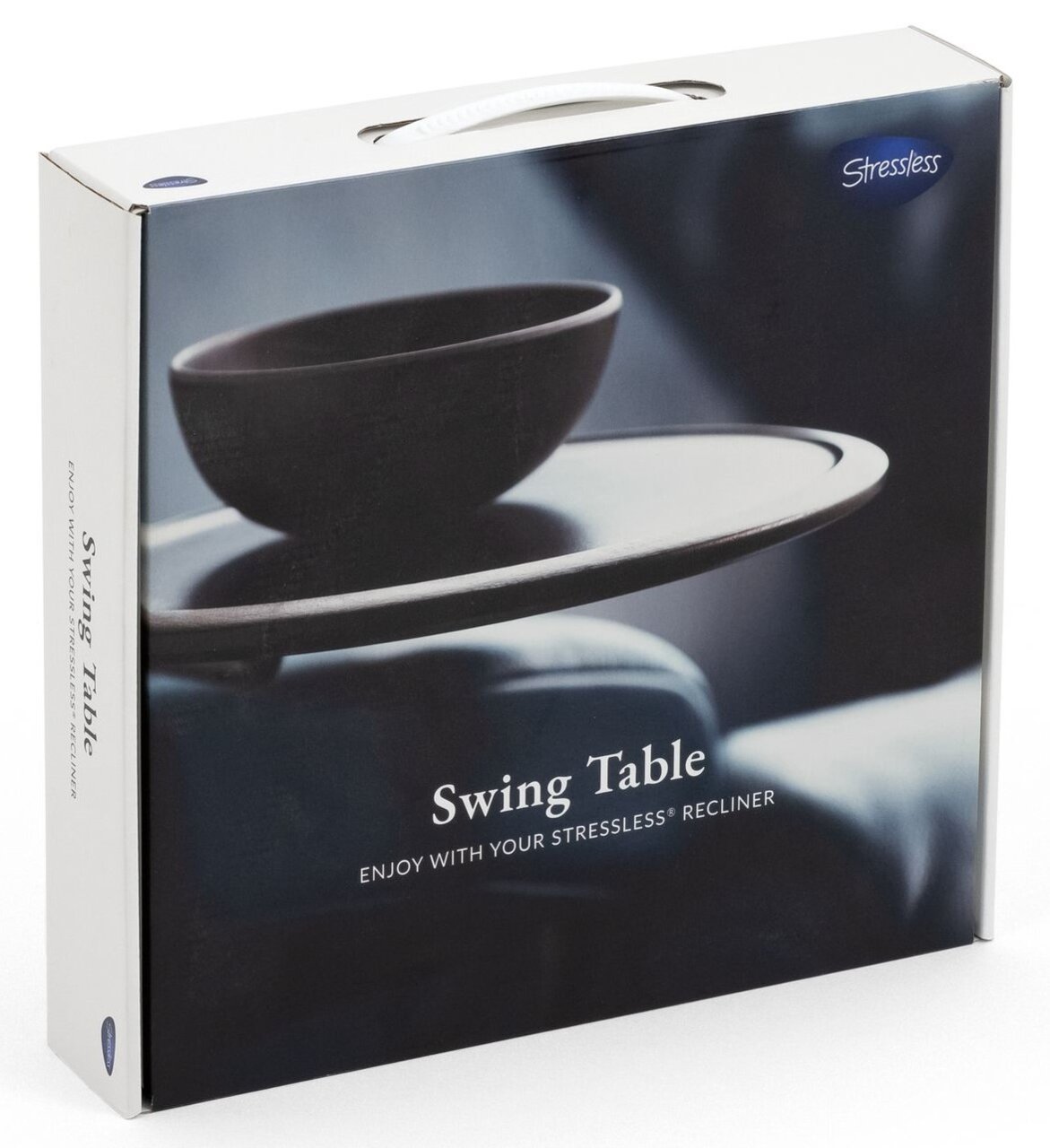 Verpackung des Stressless Swing Table, seitliche Perspektive, zeigt einen Tisch mit einer Schale darauf.
