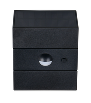 Frontansicht einer LED-Solar-Außenwandleuchte mit Solarpanel und Bewegungssensor.