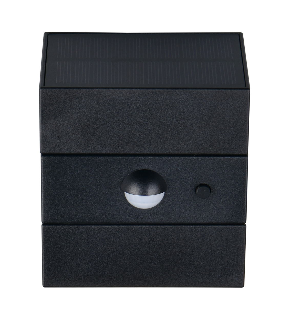 Frontansicht einer LED-Solar-Außenwandleuchte mit Solarpanel und Bewegungssensor.